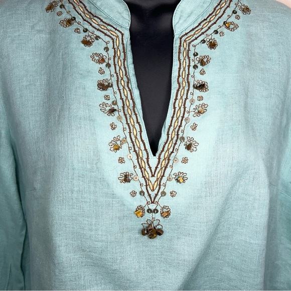 Size 6 Rafaella Linen Blouse Top Mint Teal Beaded Sequined Boho Bohemian - Picture 7 of 14